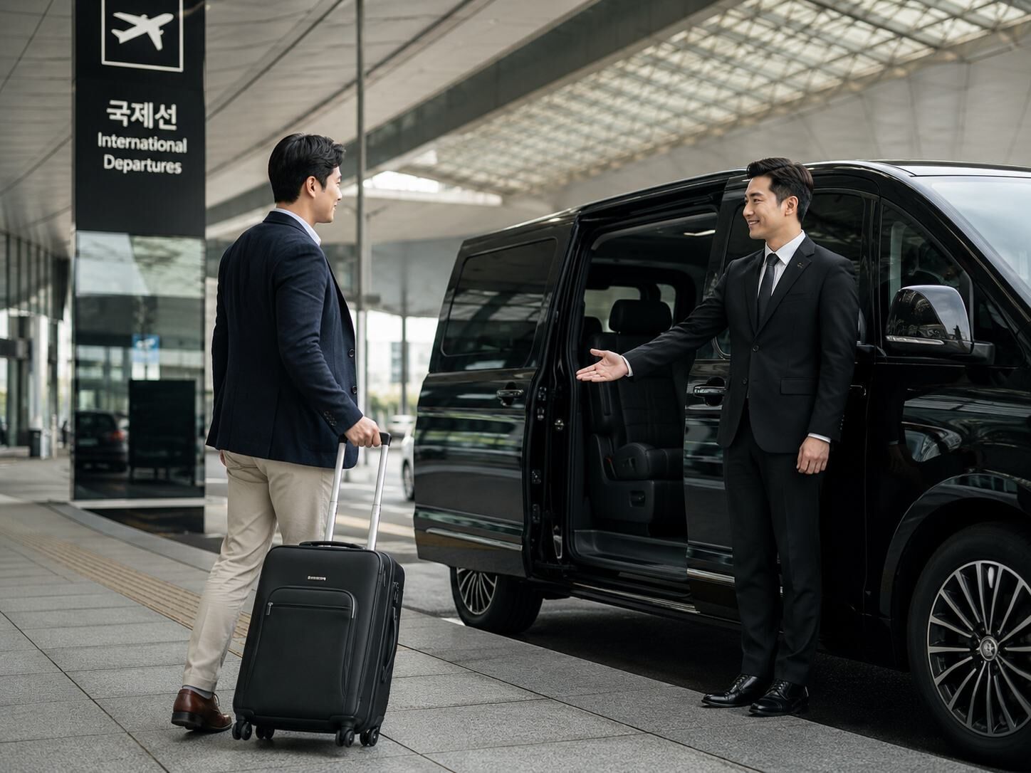 공항 출국장 앞에서 고객을 맞이하는 전담 기사