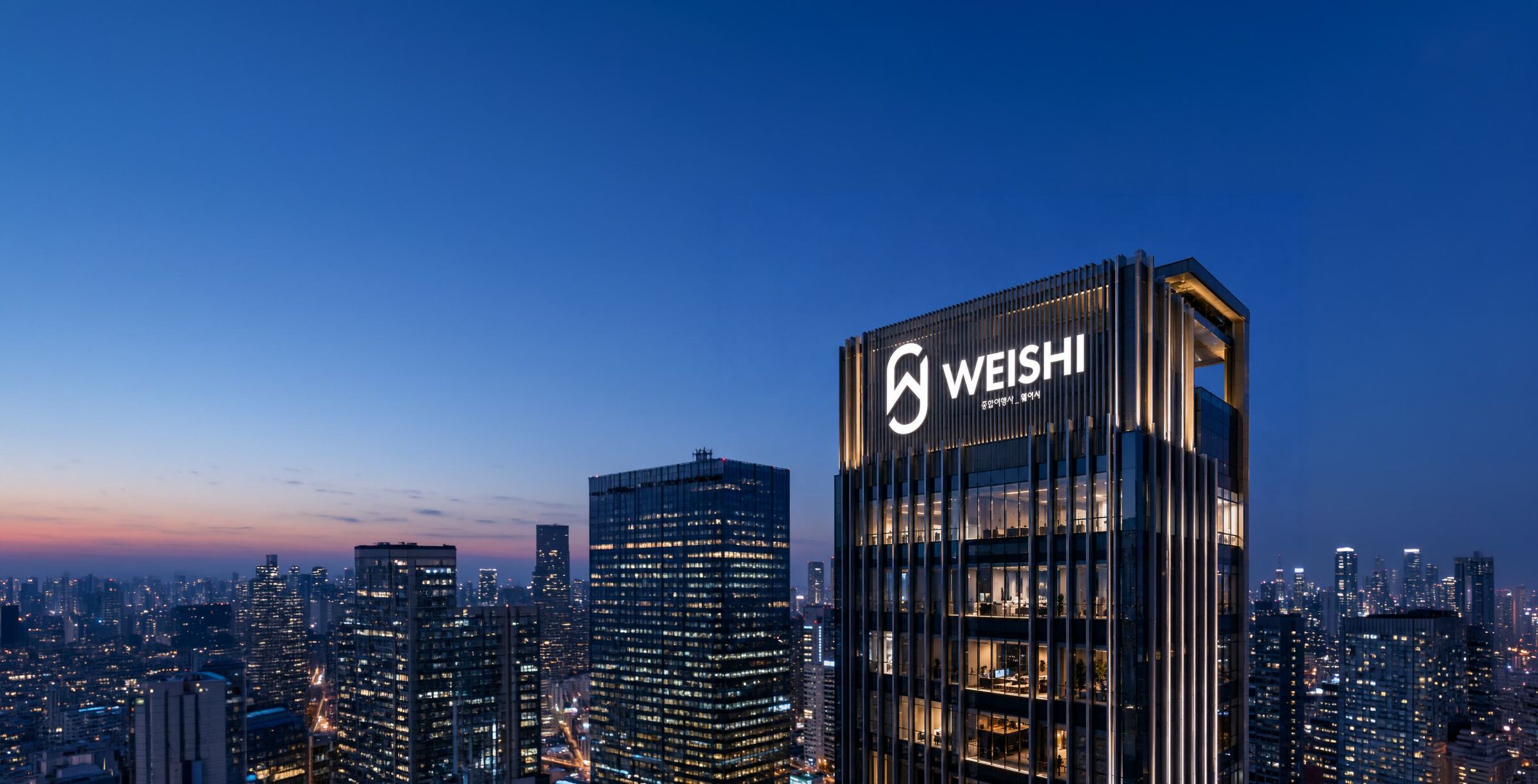 푸른 저녁 하늘 아래 WEISHI 로고가 빛나는 빌딩